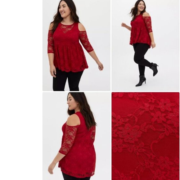 Babydoll Stretch Lace Cold Shoulder Top - Picture 2 of 9